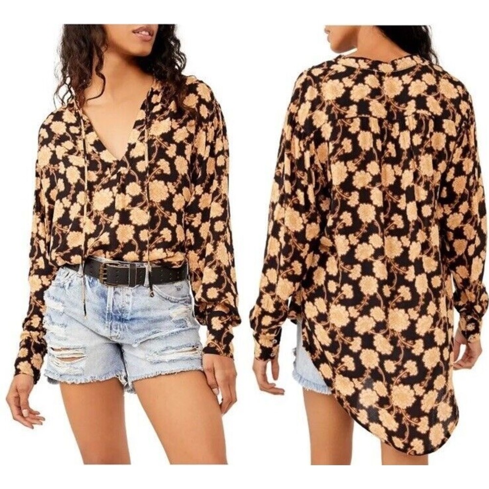 Free People Womens Small Mia Floral Print Tie Neck Tunic Top Long Sleeve NWT